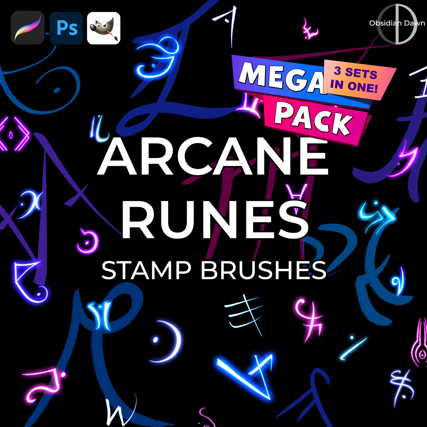 Arcane Runes Brushes Mega Pack – Photoshop, Procreate, GIMP — Obsidian Dawn