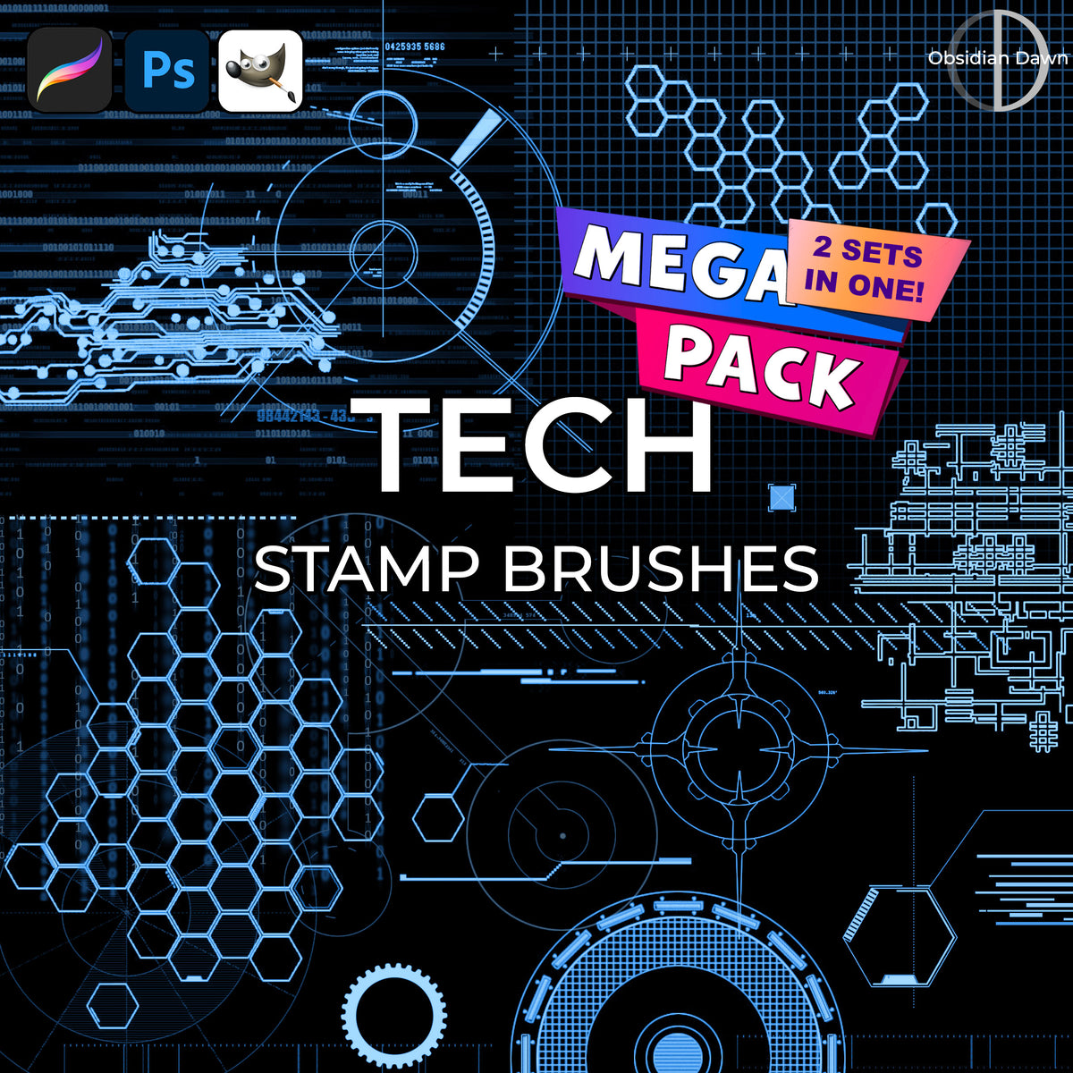 Tech Brushes Mega Pack - Photoshop, Procreate, GIMP — Obsidian Dawn